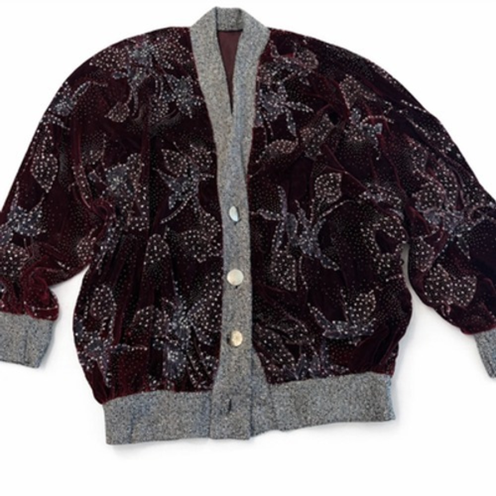 Burgundy Velvet Bomber Jacket Silver Glitter Floral Metallic Rib Trim Snap Front
